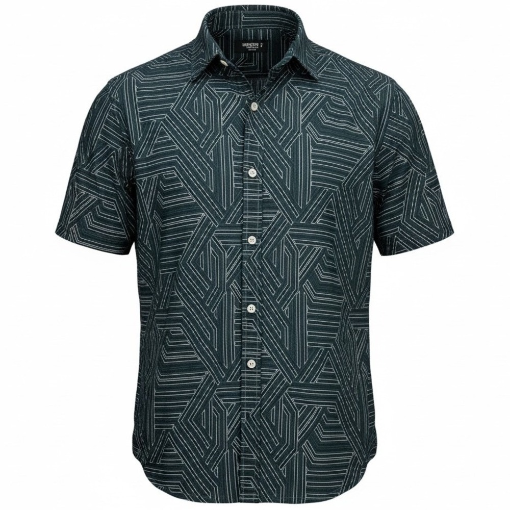 Murano Men's Short Sleeve Button-Down Shirt in Dark Green Geometric Print